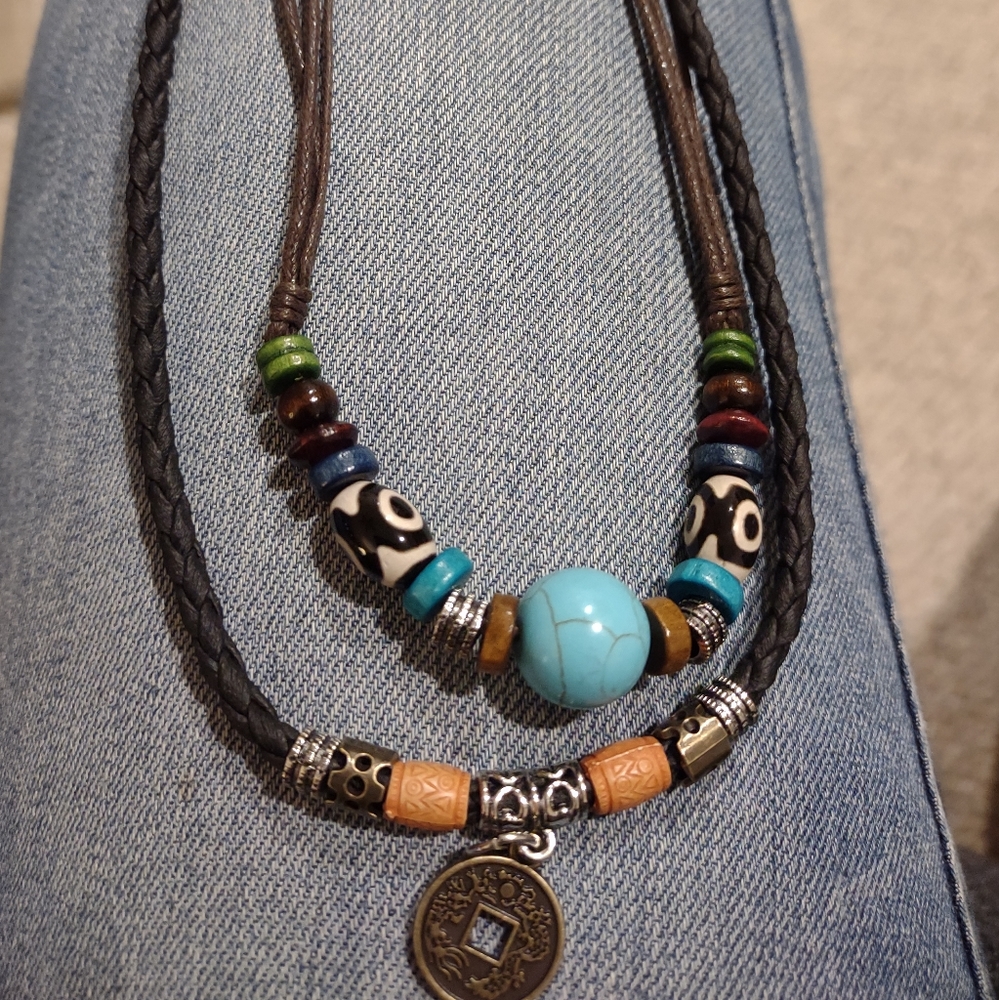 Boho Turquoise PU Leather Coin Necklace